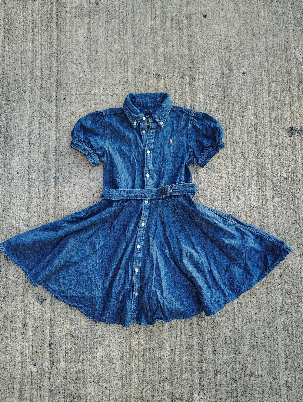 Polo Ralph Lauren Kids Denim Belted Puff-Sleeves Dress Size 6x Pockets